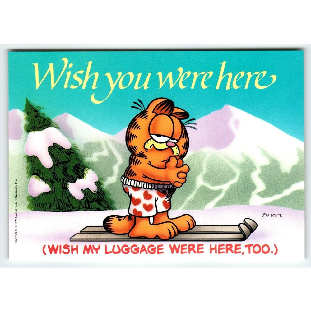 Garfield Wish You Were Here Postcard Jim Davis Comic Orange Tabby Cat On Skiis